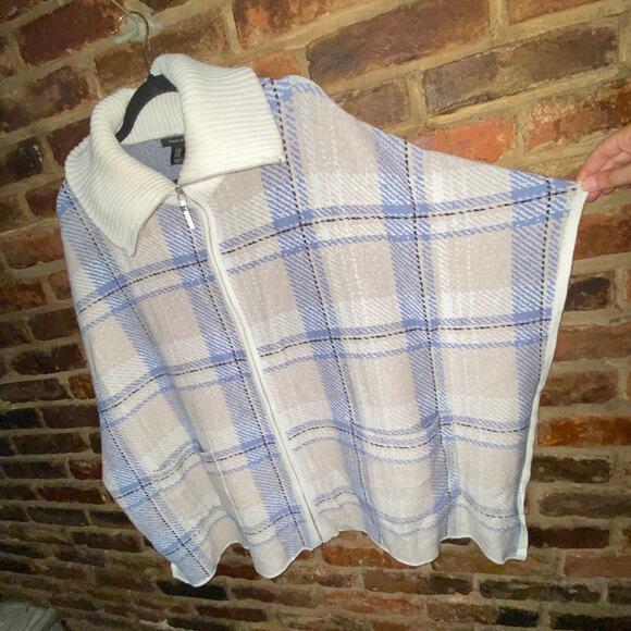 Tahari Blue Cream Plaid Oversized Full Zip Up Cape Poncho Sweater Women's L/XL - Picture 4 of 8